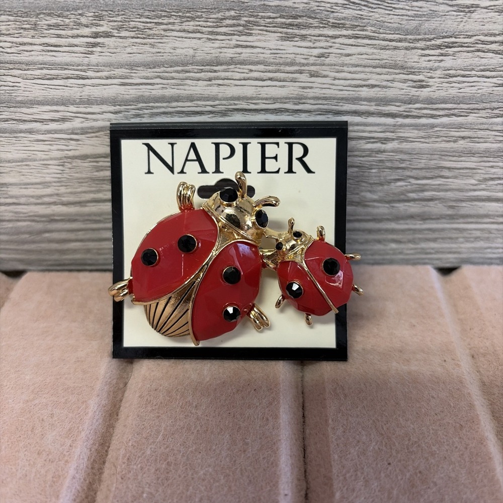 Napier Stamped Red LadyBug Brooch Pin Gold Tone New (D7)
